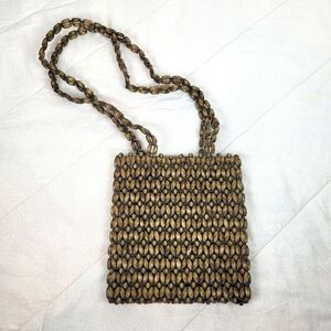 Giannini VTG Olive Brown Wooden Beaded Shoulder Bag Boho Earth Festival 60s 70s